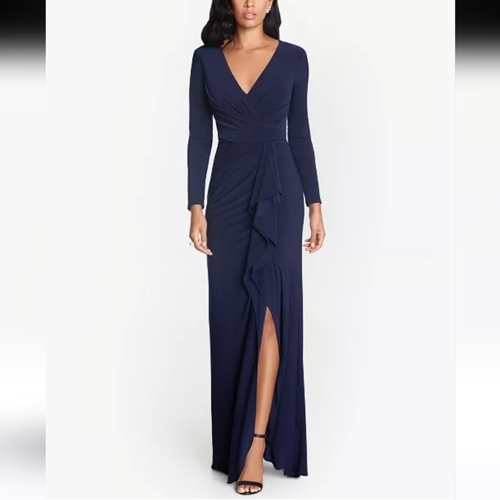 NWT Betsy & Adam Elle Long Sleeve Side Ruffled Slit Gown Navy Sz 4